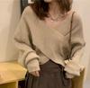 Women's Korean Style Cross V-Neck Sweater - Plain Color, Loose Design, Long Sleeve Knitwear for Autumn/Winter 2026.