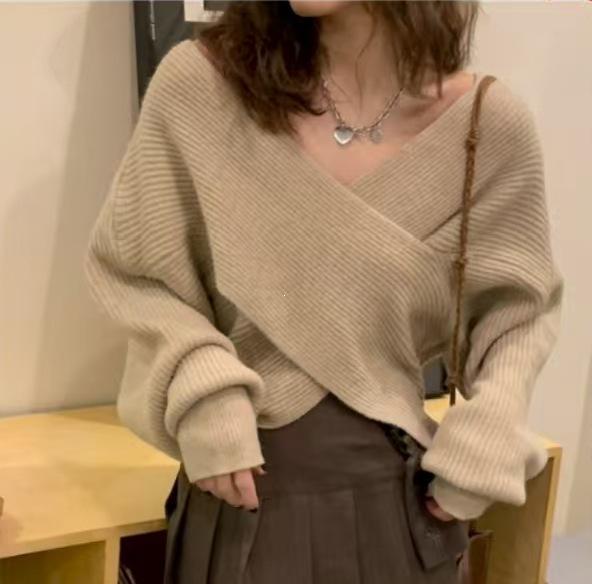 Women's Korean Style Cross V-Neck Sweater - Plain Color, Loose Design, Long Sleeve Knitwear for Autumn/Winter 2026.