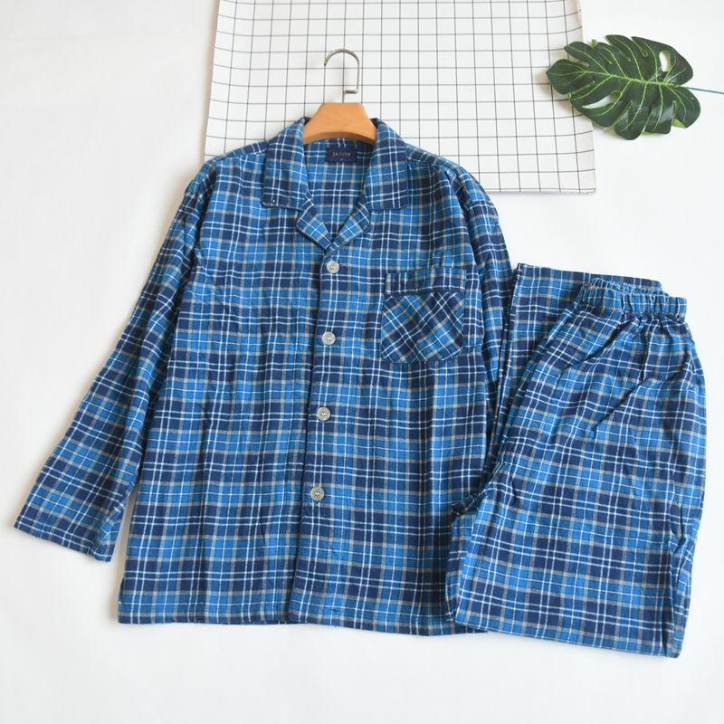 Japanese Spring and Autumn Men Pure Cotton Plaid Lapel Placket Loose Casual Pajamas Full Cotton Thin Section Homewear Suit