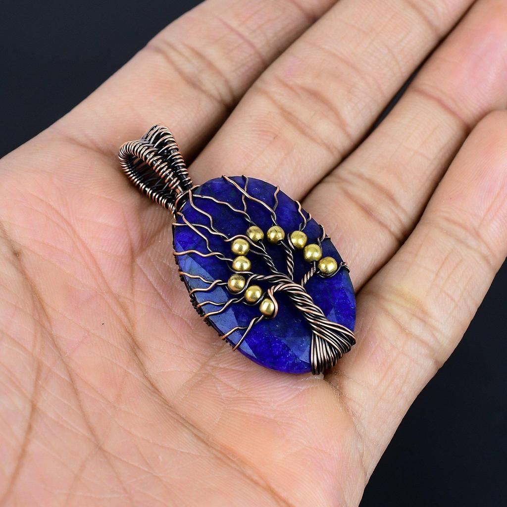 Tree Of Life Blue Sapphire Pendant, Handmade Gemstone Pendant, 999 Copper Wire Wrapped Pendant Antique Jewelry, For Engagement Gift