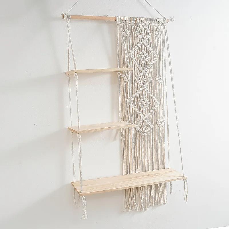 Boho Macrame Wall Hanging Shelf 3 Tier Handmade Weven Wood Organizer Półki Ścienne Pływający Wieszak Na Rośliny Do Wystroju Domu