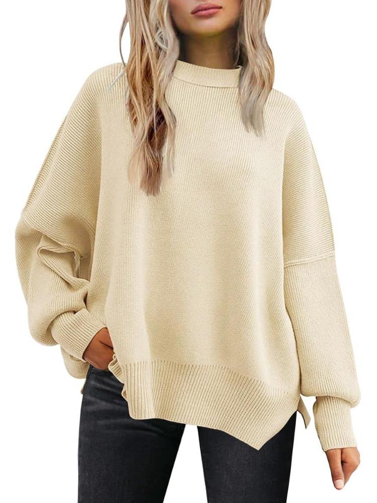 Women's Round Neck Batwing Sleeve Long Sleeved Ribbed Knit Sweater with Side Slit Pullover Luxurious Relaxed-fit Slimming and Versatile Top