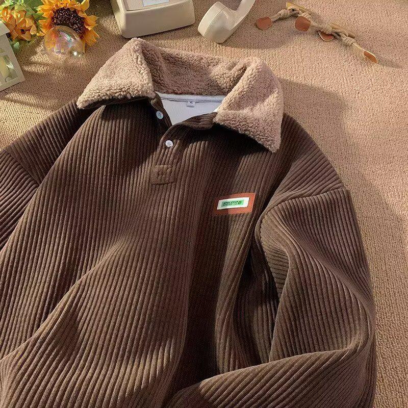 Herren Cord-Polo-Kragen-Sweatshirt mit Samt-gefütterter Lammwolle – Herbst/Winter Hongkong-Stil