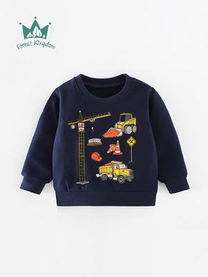 Children's Round Neck Sweatshirt with Cartoon Excavator Print, Boys Long Sleeve Pullover for Autumn/Winter, In Stock