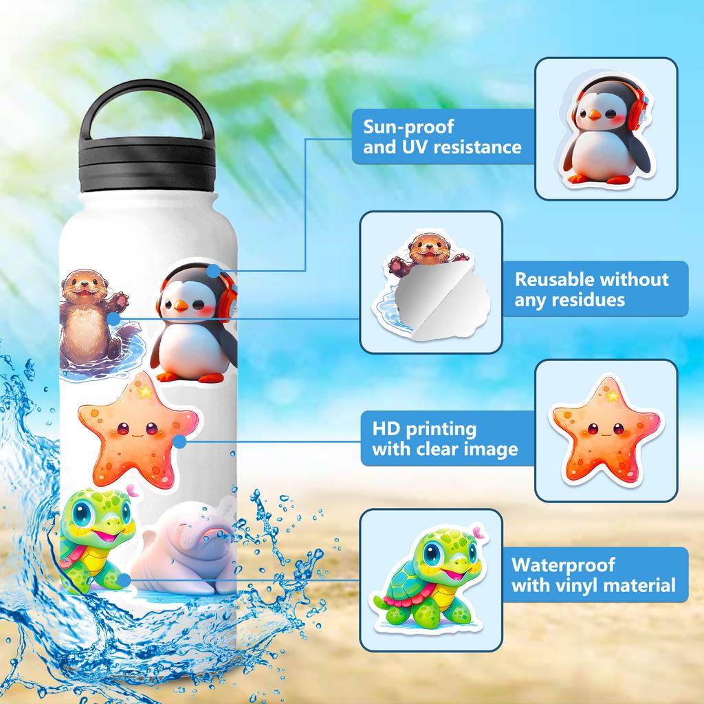 50PCS Cartoon Ocean Animal Stickers, Cute Shark 3D Marine Animal Stickers for Decor