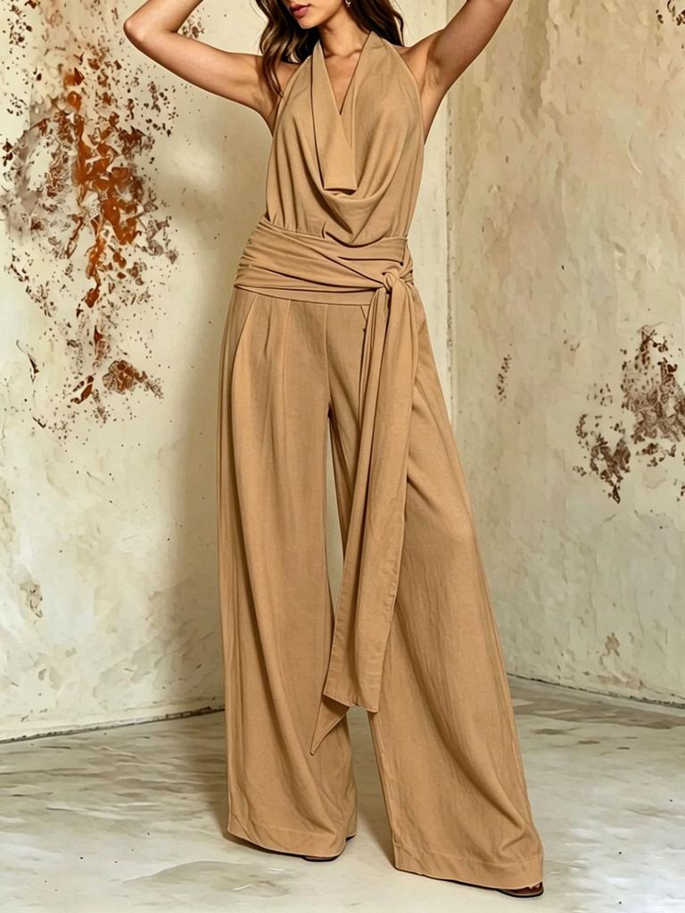 Combinaison à col halter pour femme Pantalon large Couleur unie Décontracté Sans manches Dos nu Romper Élégant Blanc