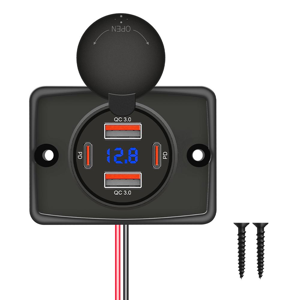 New 4 Ports Dual QC3.0 Dual PD Car Charger Socket with Sliding Cap 12V/24V 96W Fast Charger Power Outlet for Car Boat Bus, RV