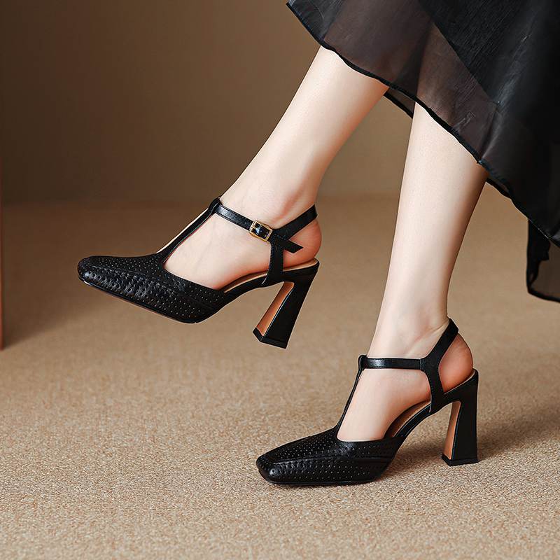 Krazing Pot Sheepskin Square Toe Size 41 High Heels Hollow Out Decoration Super High Heels Breathable Autumn Pumps