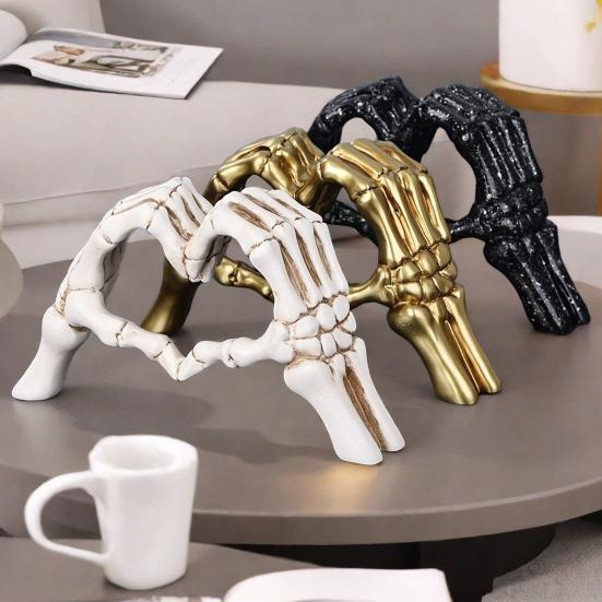 Skeleton Hands Heart Sculpture Gothic Love Gesture Statue Resin Heart Shape Skeleton Finger Gesture Figurine for Halloween Home Decor Gift