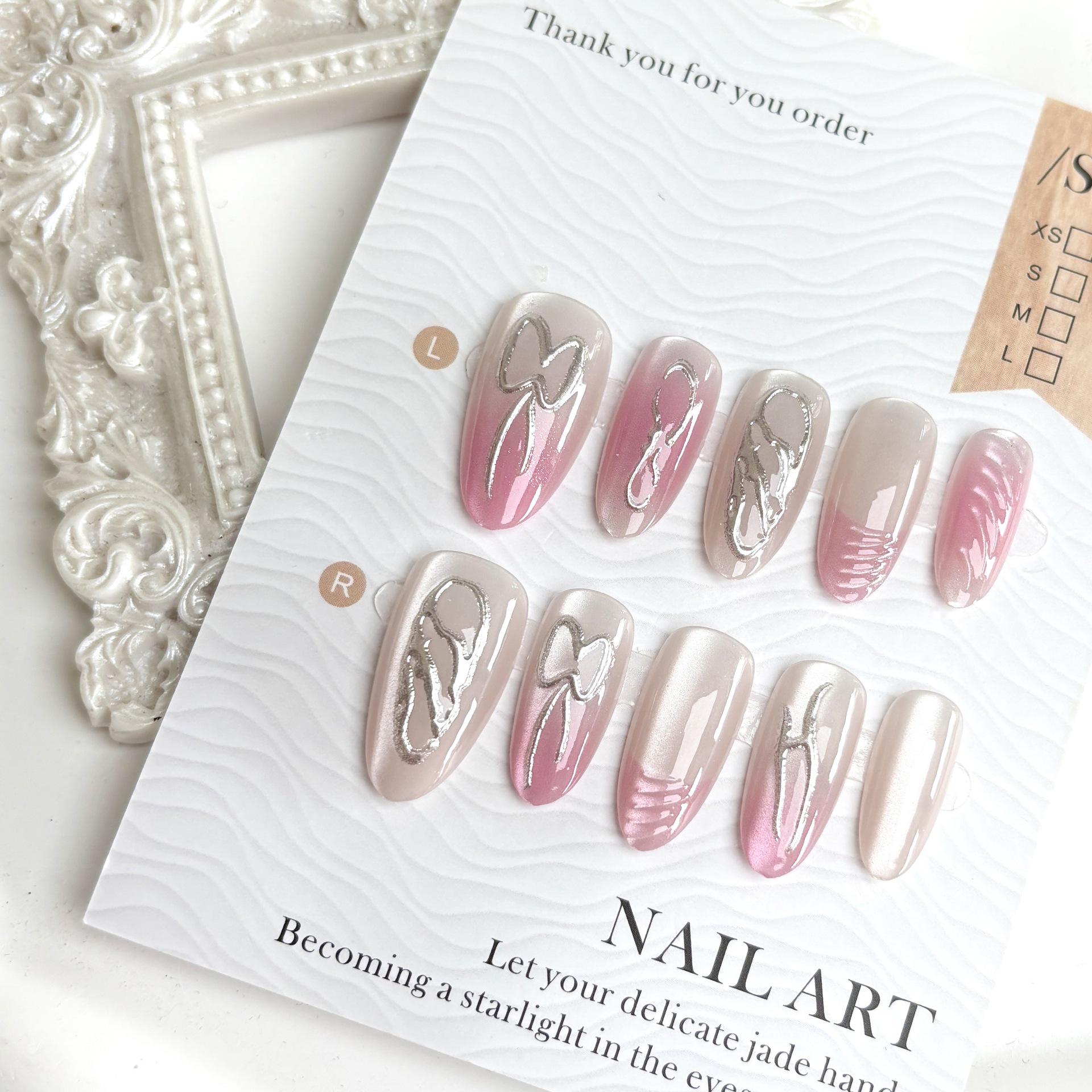 

Blush Gradient Cat Eye Press-On Nails with Pink Bow