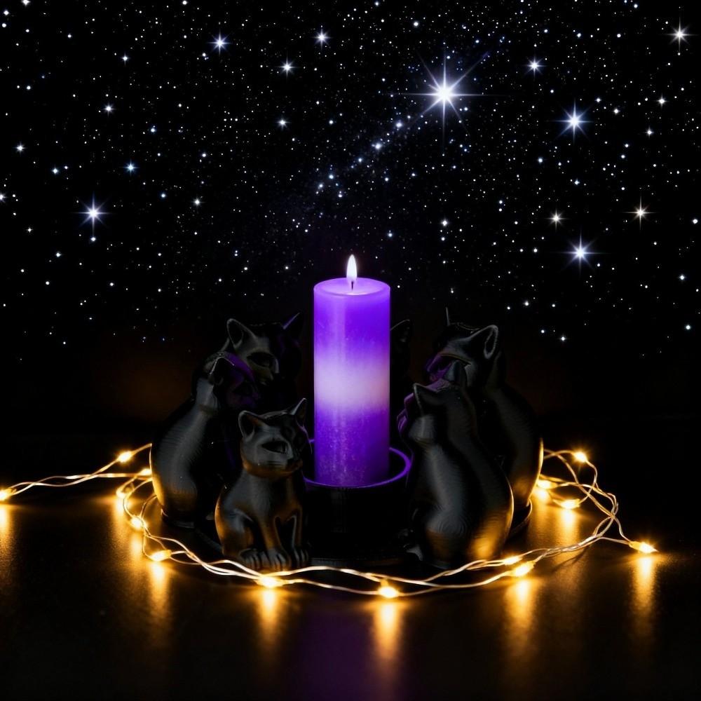Espace Méditation Chat de Dessin Animé Porte-Bougies Forme Anneau Mignon Bougeoir Imprimé 3D Ornement Chaton Noir Décoratif Bureau