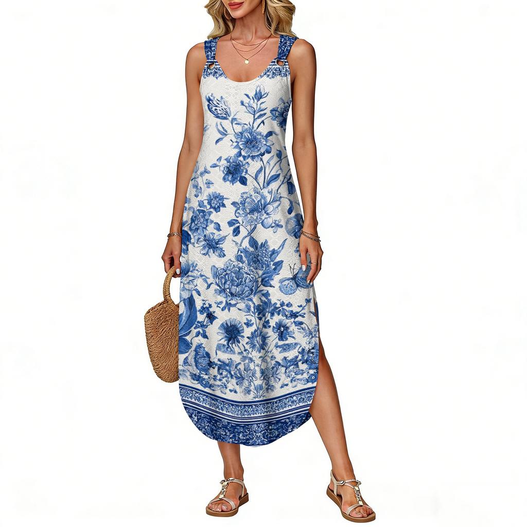 Women's Summer Long Dress, Sleeveless With Side Slits, Long Retro Printed Camisole Dress