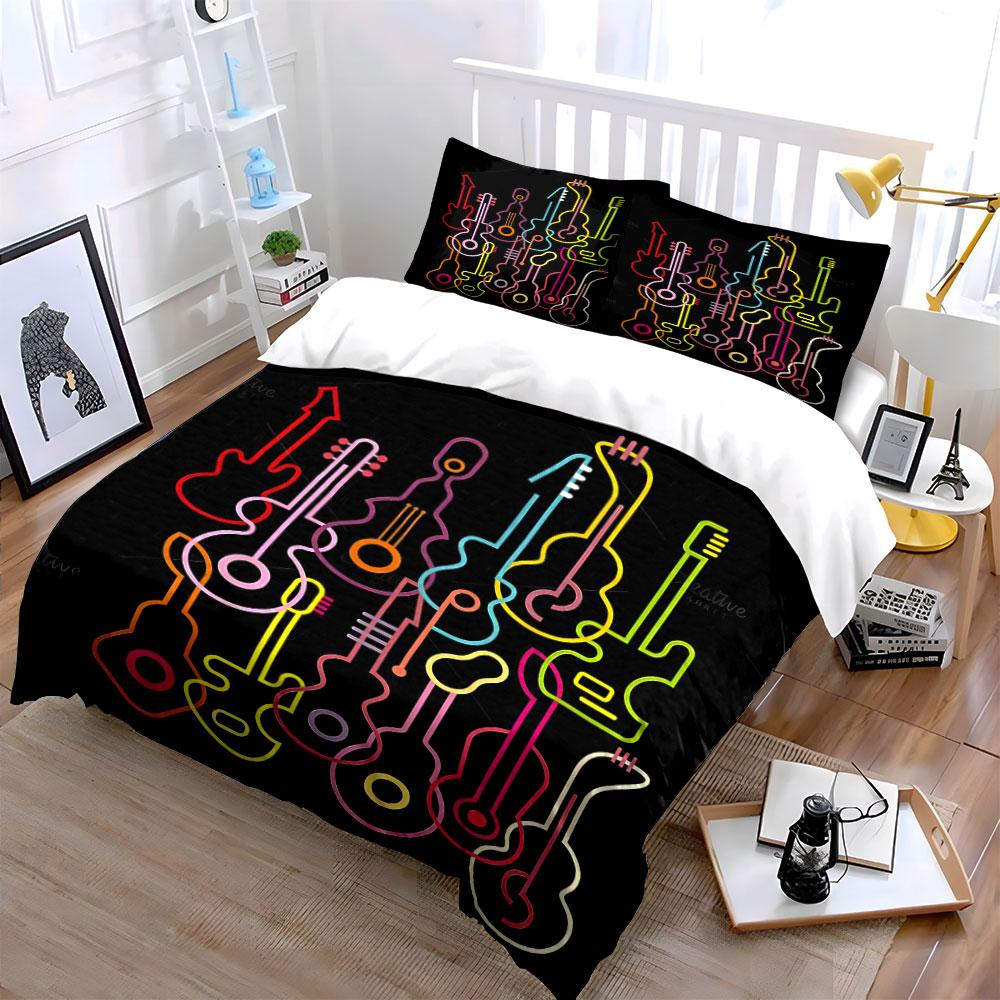 Colorful Neon Guitar Silhouettes. Bedding Sets Duvet Cover Sets Duvet Covers Pillowcases(1 * Duvet Cover 2 * Pillowcases Without Duvet Insert)