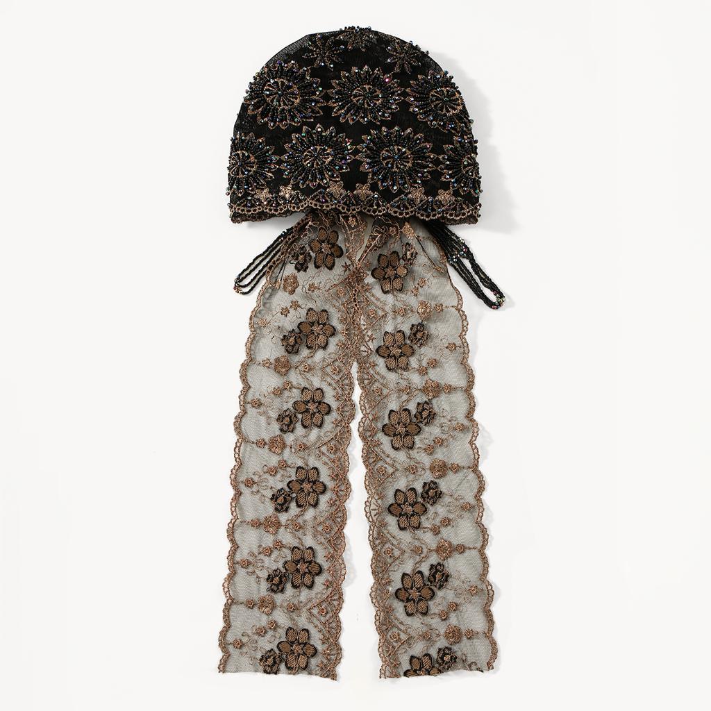 Ribbon Style Bead Embroidered Lace Hat Caps Woman Muslim Hijabs Luxury Dubai Bonnet Gorgeous Party Style Islam Turban Cap Hats