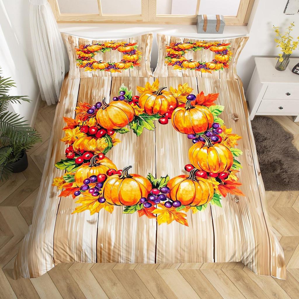 Fall Pumpkin Twin Duvet Cover, Autumn Leaves Bedding Set Thanksgiving Home Decor Fall Harvest Rustic Farmhouse Comforter Cover