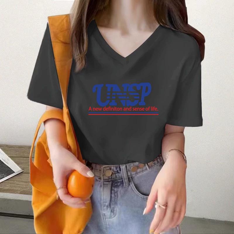 

New V-neck Pure Cotton Printed Short Sleeve T-shirt S