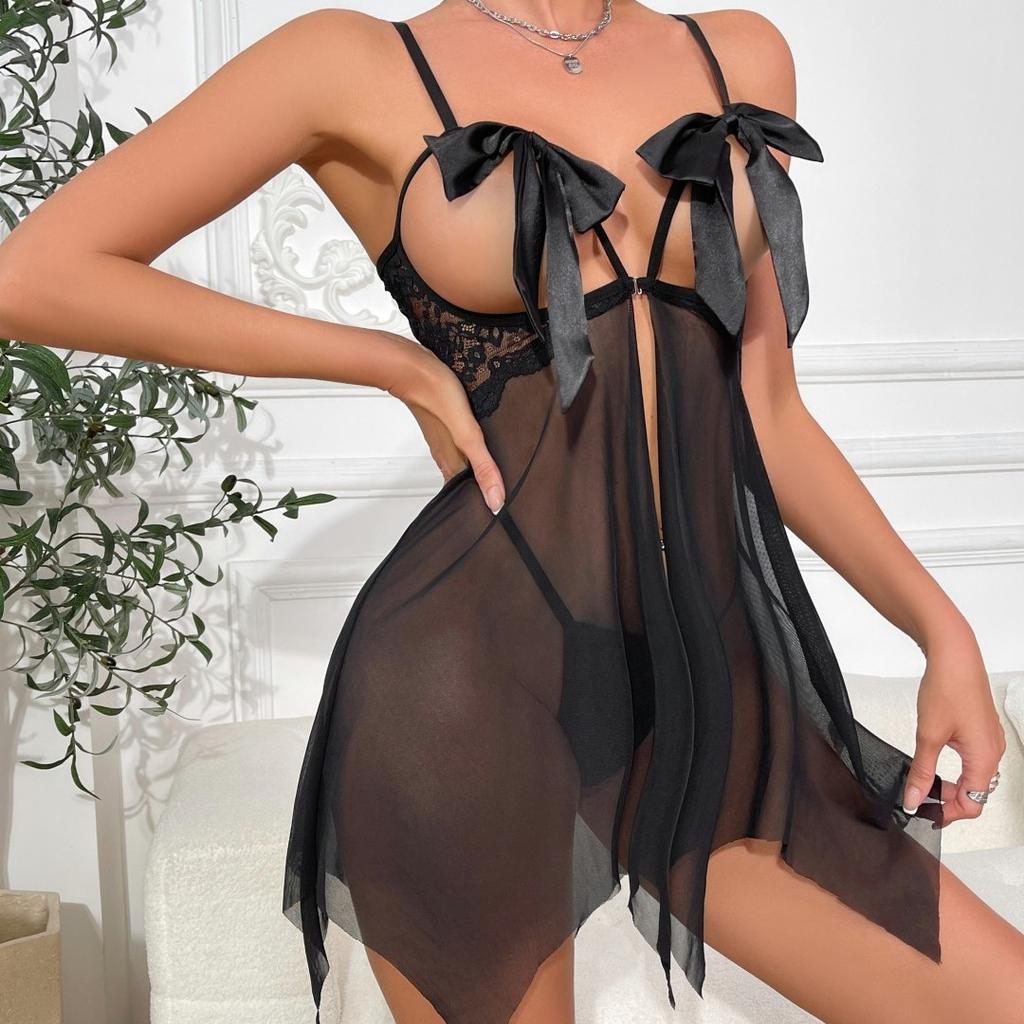 Sous-vêtements d'amour européens et américains, Bretelles sexy, Nœud à perspective ajourée, Ensemble dos nu à fourche fendue