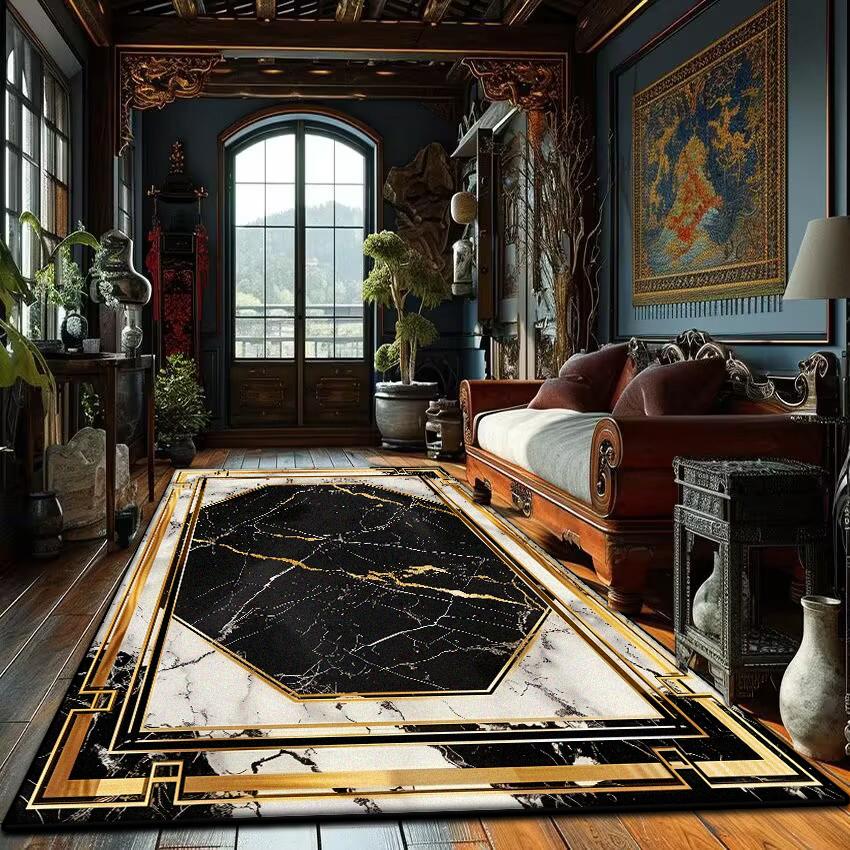 Modern Golden Frame Marble Carpet Luxury Lounge Rug Large Area Living Room Sofa Decoration Rug Bedroom Decor Bedside Floor Mat