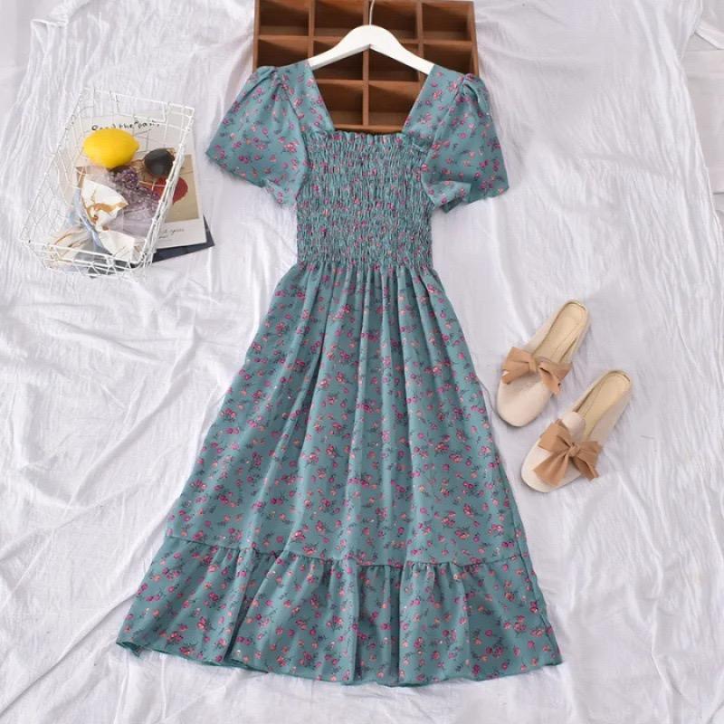 New Spring Summer Dress Women Mini Dresses Female Short Sleeve Elastic Bust Printed Floral Pleated Backless Casual Dress
