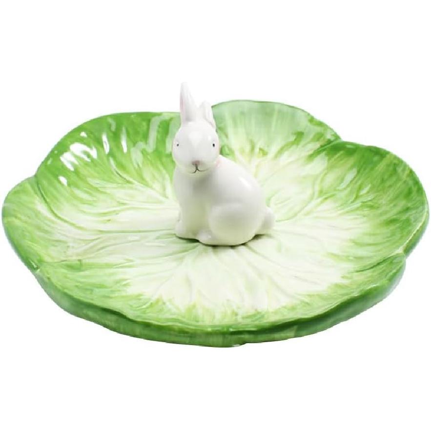Housoutil Ceramic Rabbit Plates, Easter Cabbage Plate, Green Easter Serving Tray for Dessert Fruit Salad Snacks