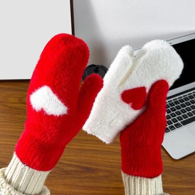 1 Paar Damen Handschuhe Fingerlos Rotes Herz Design Weich Fleecegefüttert Touchscreen