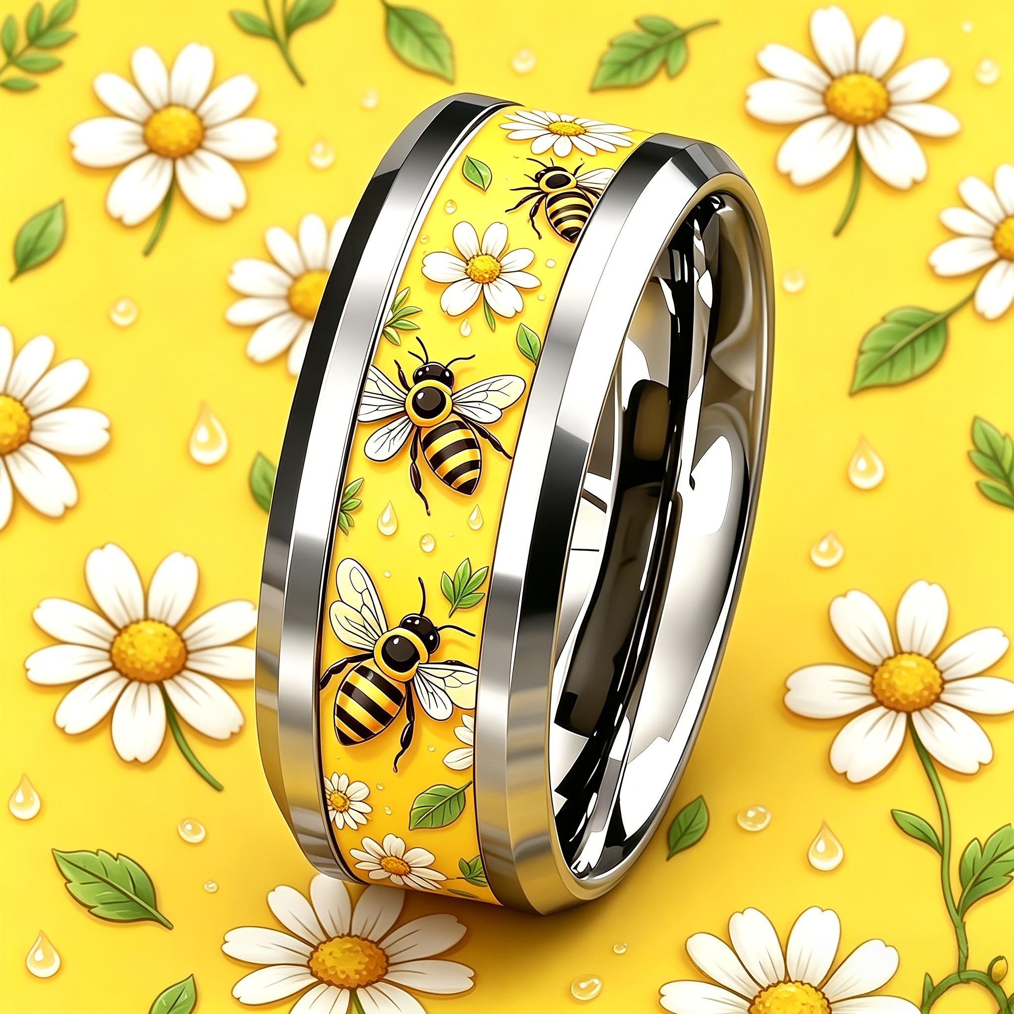 Eleganter Bienen- und Gänseblümchen-Blumenring Niedliche Cartoon-Edelstahlringe Für Damen Herren Unisex Schmuck Valentinstagsgeschenk Drop Shipping 6 black