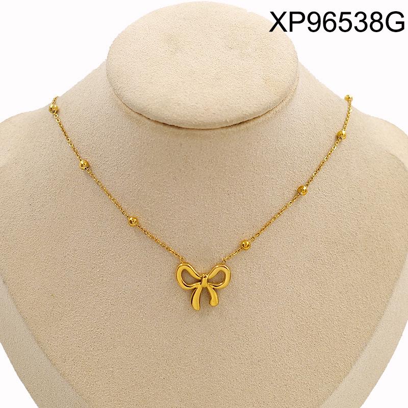 Elegant Gold Plated Double Layer Bow Pendant Necklace for Women - Titanium Steel Clavicle Chain, European American Style