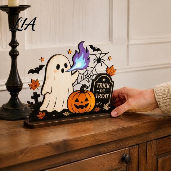 Festive Entryway Countertop Accents Halloween Ghost Ornaments with Pumpkin Tombstone and Bat Elements, Wooden Gift for Home Decor Tabletop Decorations