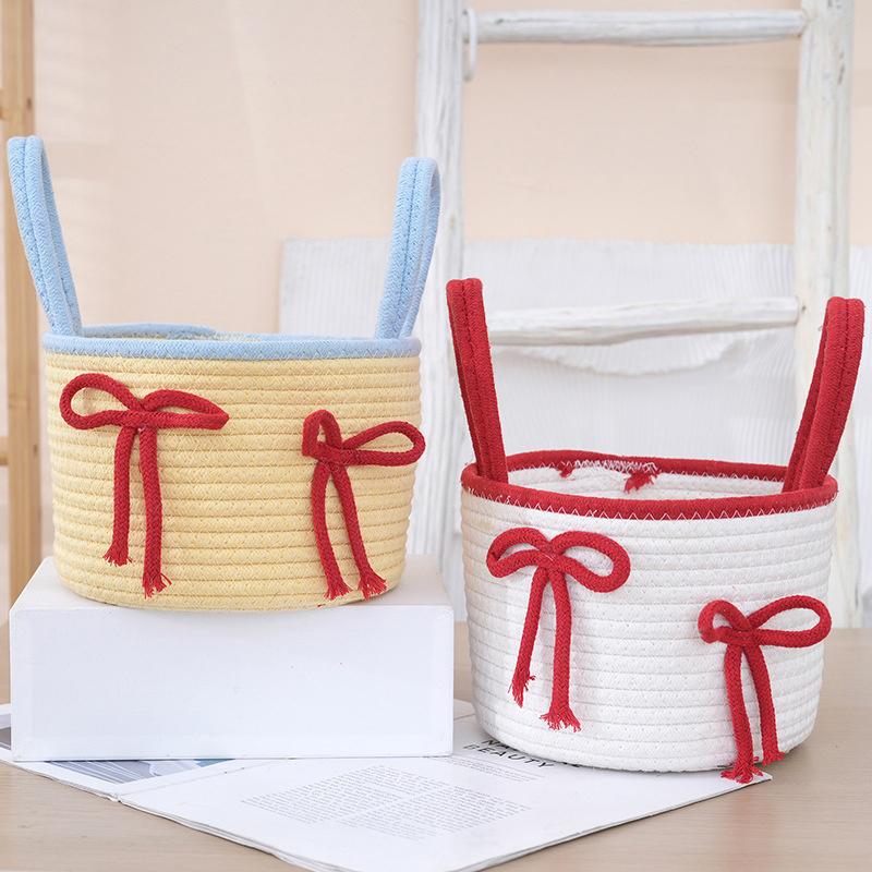 Cute Crochet Storage Basket With Lid - Woven Cotton Home Organizer Bin, Decorative Desktop Dustproof Box For Trinkets & Crafts