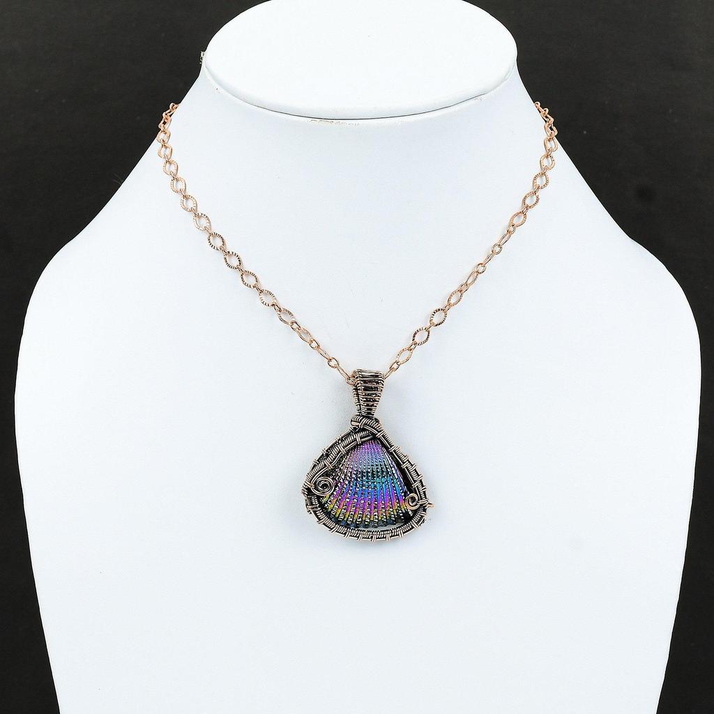 Titanium Coated Shell Pendant Copper Wire Wrapped Pendant Handmade Jewelry Sea Shell Gemstone Pendant Antique Copper Jewelry Wrapped Pendant