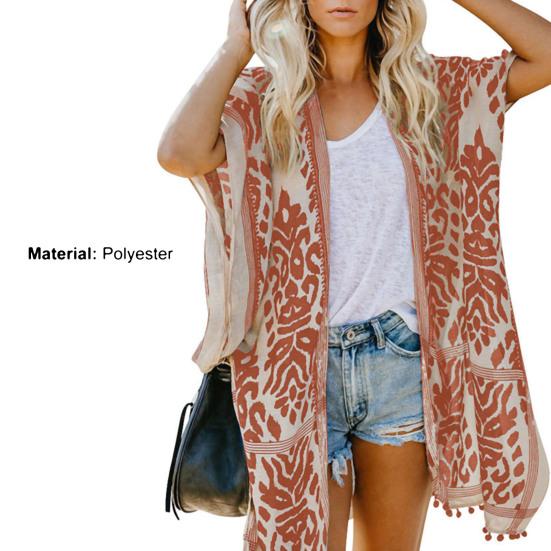 Tassle Ball Sun Protection Swimsuit Cardigan Half Sleeve Women Boho Printed Beach