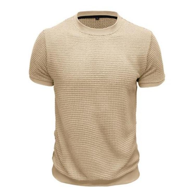 Summer Slim Fit Ribbed Elastic T-shirt Men Casual Knitted Round Neck Short Sleeves Pullover Solid Color Daily Tops Clothes