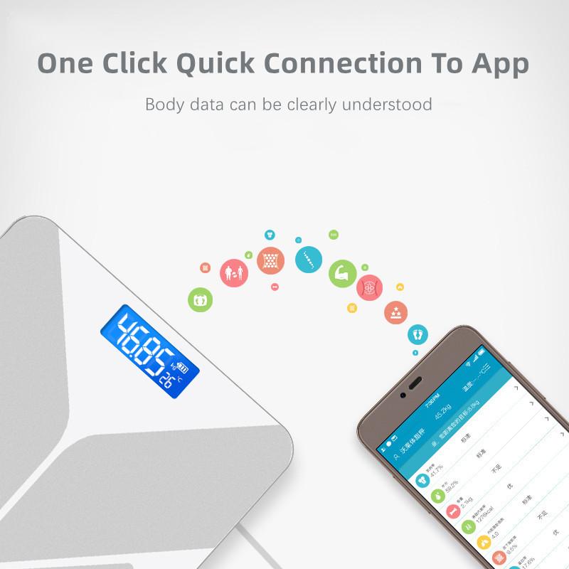 Cantar de baie Cantar digital inteligent cu LED-uri Cantar electronic compatibil cu Bluetooth Bmi Analizor de compozitie a grasimilor Cantar de echilibru