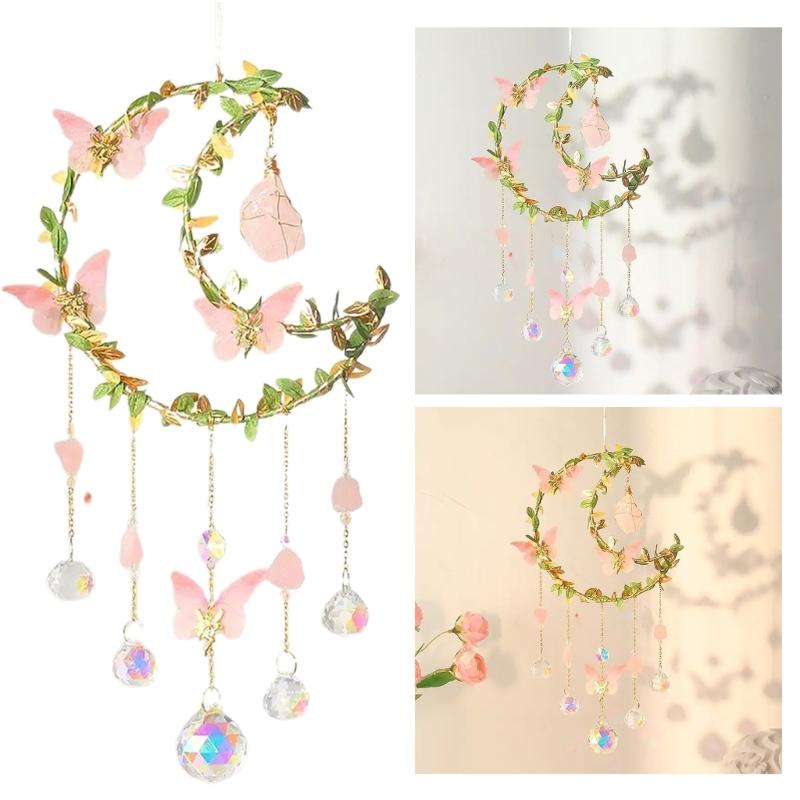 Handcrafted Crystal Sun Catcher with Butterflys Moon Elements Exquisites Ornament for Wedding Window House Garden Partys