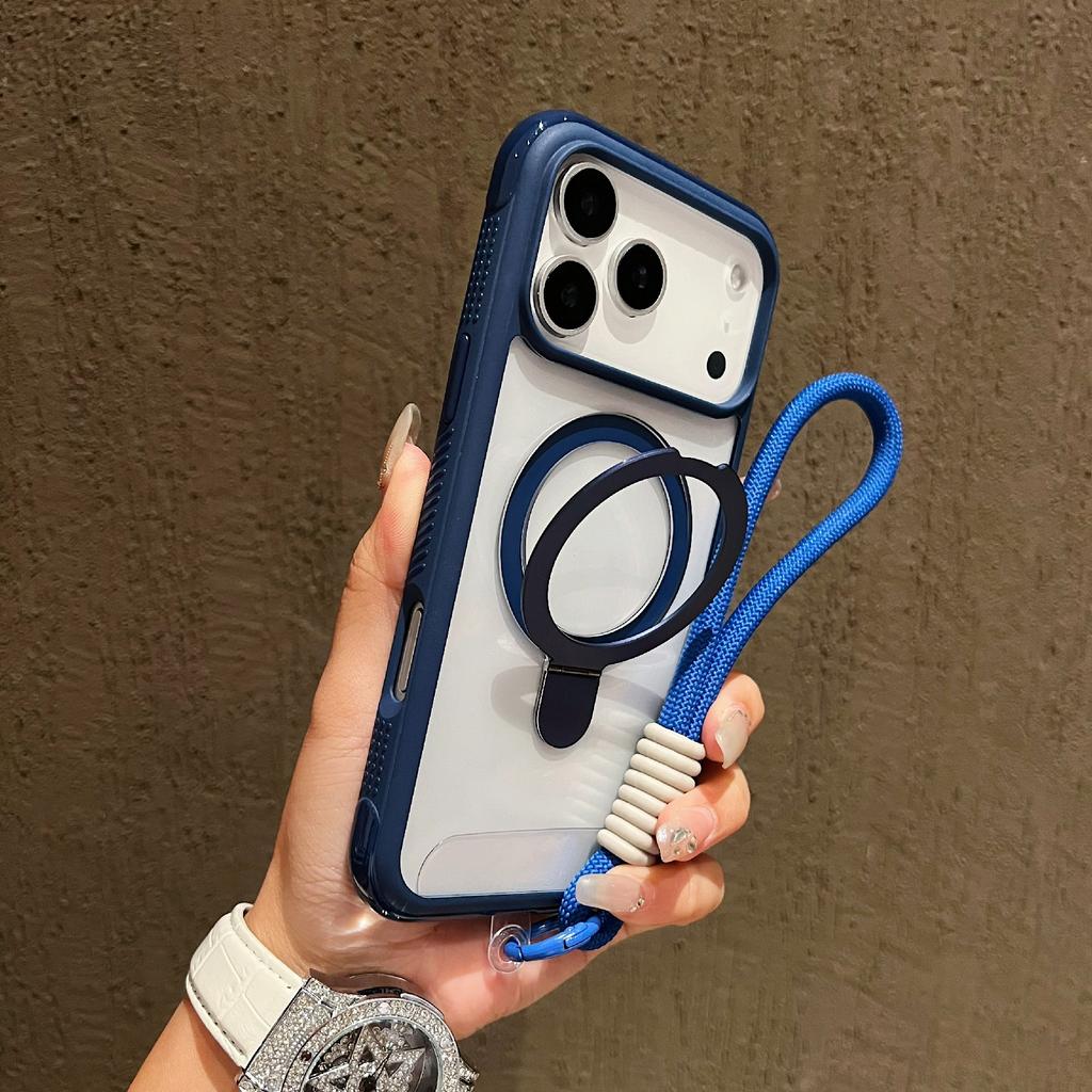 For iPhone 17 Pro Case Compatible with MagSafe Kickstand TPU PC Clear Phone Back Cover with Wrist Strap