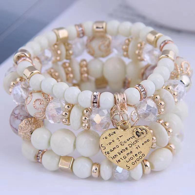 Bohemian Multilayer Elastic Rope Bracelet with Alloy Heart Pendant