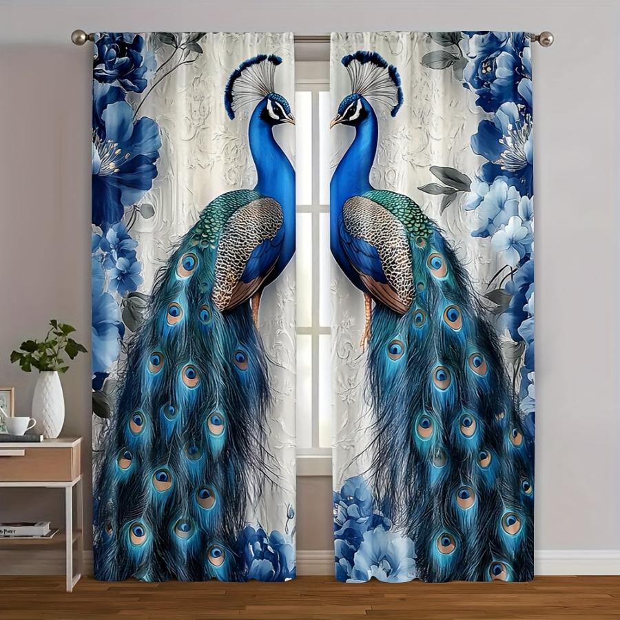 2PCS Digital Printed Curtains, Blue Flower Peacock Elegant Bird Floral, Window Curtains for Living Room Bedroom Home Decoration