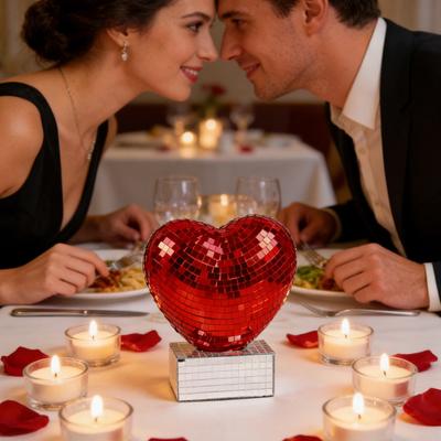 Disco Heart Figurine Glitter Red Pink Heart Shaped Table Centerpiece Romantic Reflective Disco Mirror Heart for Valentine's Day Anniversary Wedding