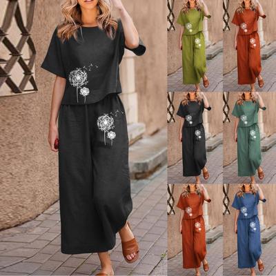 Women's Fashion Casual Printed Short Sleeves Round Neck Tops Pants Suit