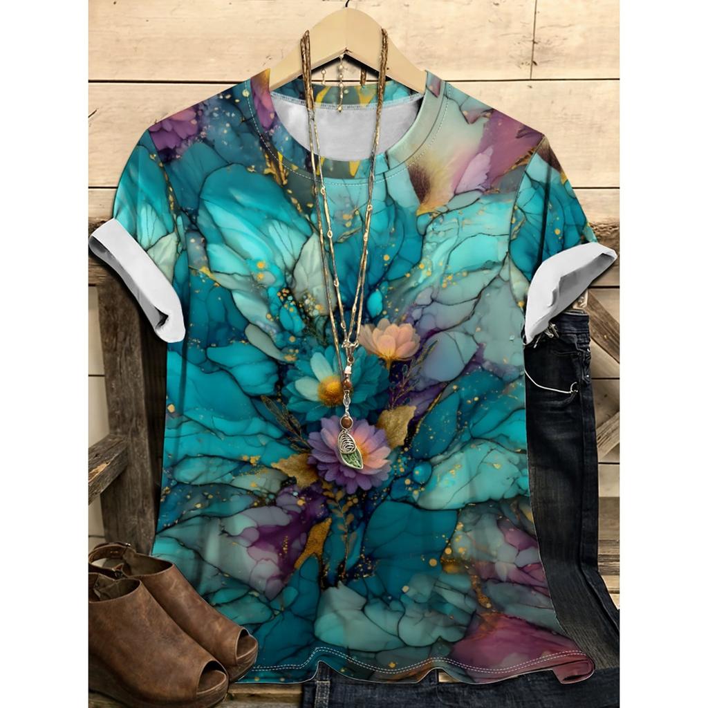 Summer Round Neck Flower Pattern 3D Print Top Fashionable Casual Short Sleeved Women's T-shirts