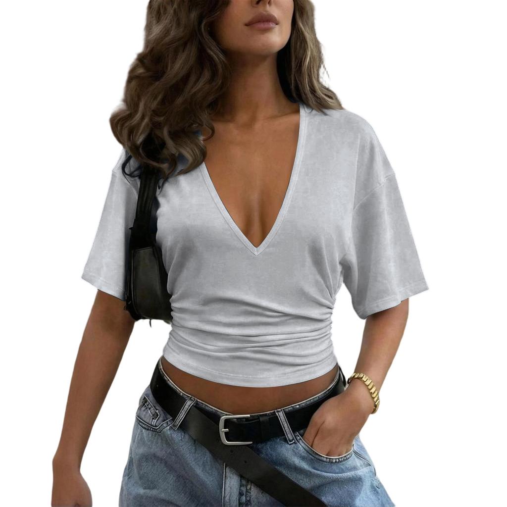 Women's Fashion Deep V Neck Short Sleeve Ruched Waist Casual Crop Top Loose Fit Tee Shirt for Everyday Wear