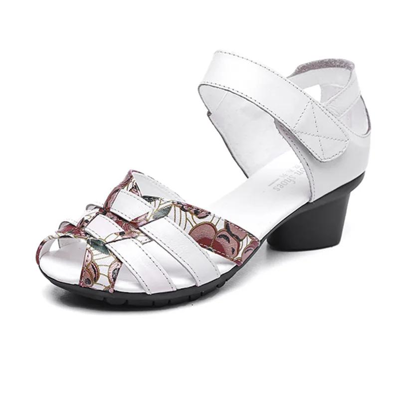 

Летние женские сандалии Fish Mouth в стиле ретро, этнические, на толстом каблуке, туфли для мам, мягкие, подошва, одинарные туфли из коровьей кожи, дышащие, полые 37(23.5cm) белый