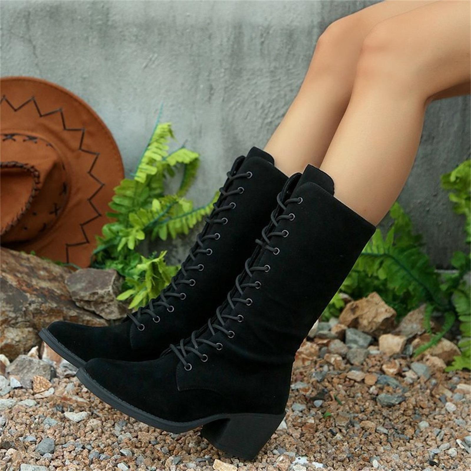 Women s Fashion Pointed Toe Front Lacing Chunky Heel Knee-High Boots 36