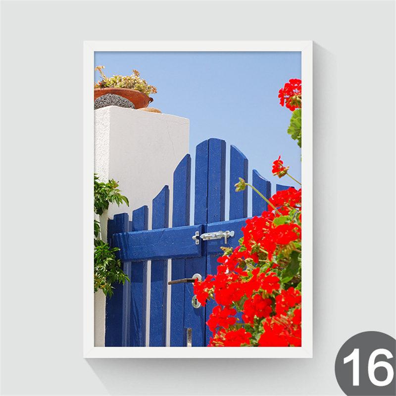Nordisches dekoratives Leinwandgemälde, bezaubernde Landschaft, blauer Himmel, Ozean, schöne Straße, Bootshaus, Blumen, Bäume, frischer Stil