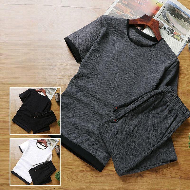 Men's Summer Ice Silk Suit   Loose  Leisure Sports Suit Men's Short-sleeved  Pants Two-piece Set