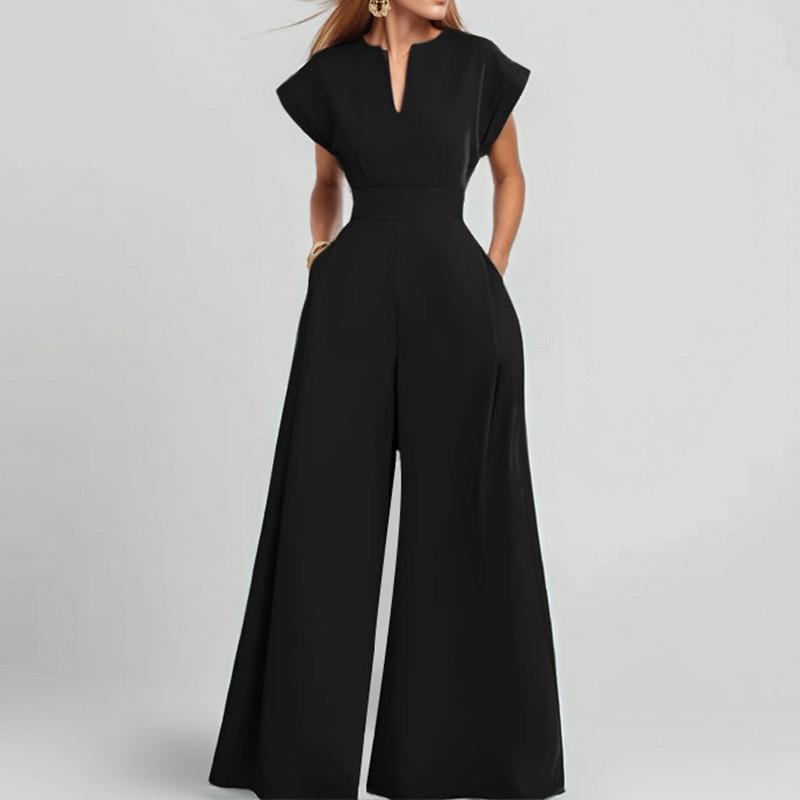 Women's Fashion Elegant Solid Color Loose V-Neck Short Sleeve Wide Leg Jumpsuit