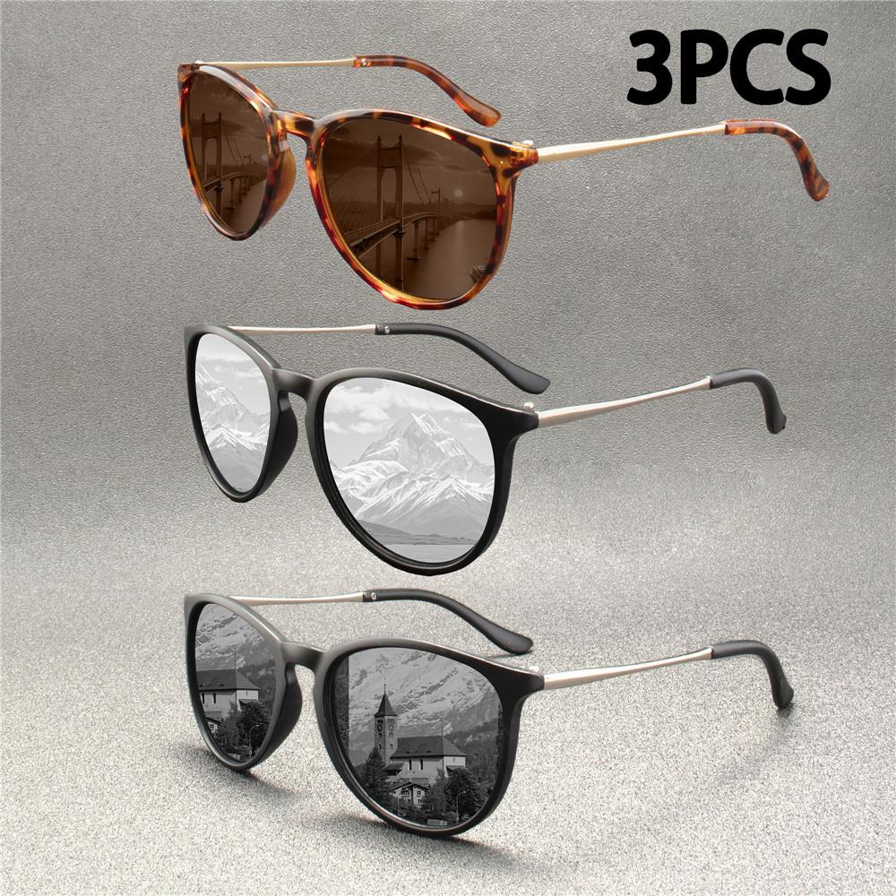 3PCS  Retro Male Round Sunglasses Women Men Brand Designer Cat eye Sun Glasses Alloy Mirror