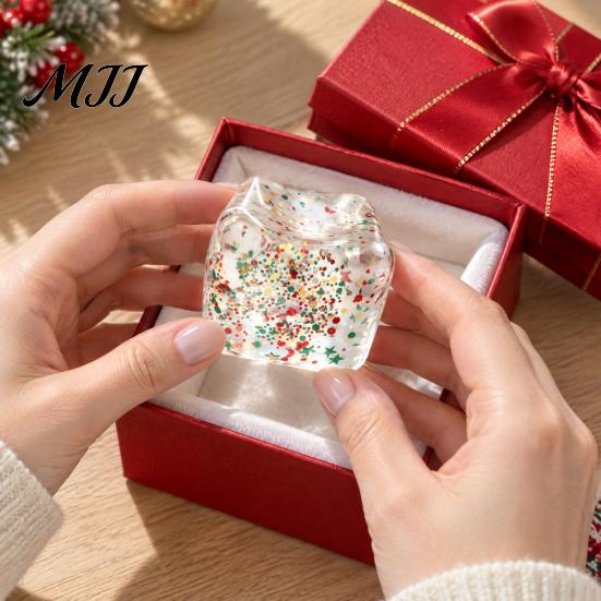 Christmas Stocking Stuffers Stress Cube Fidget Toy, Transparent Squeeze Toy with Glitter, Relaxation Hand Ball Sensory for Anxiety Relief &