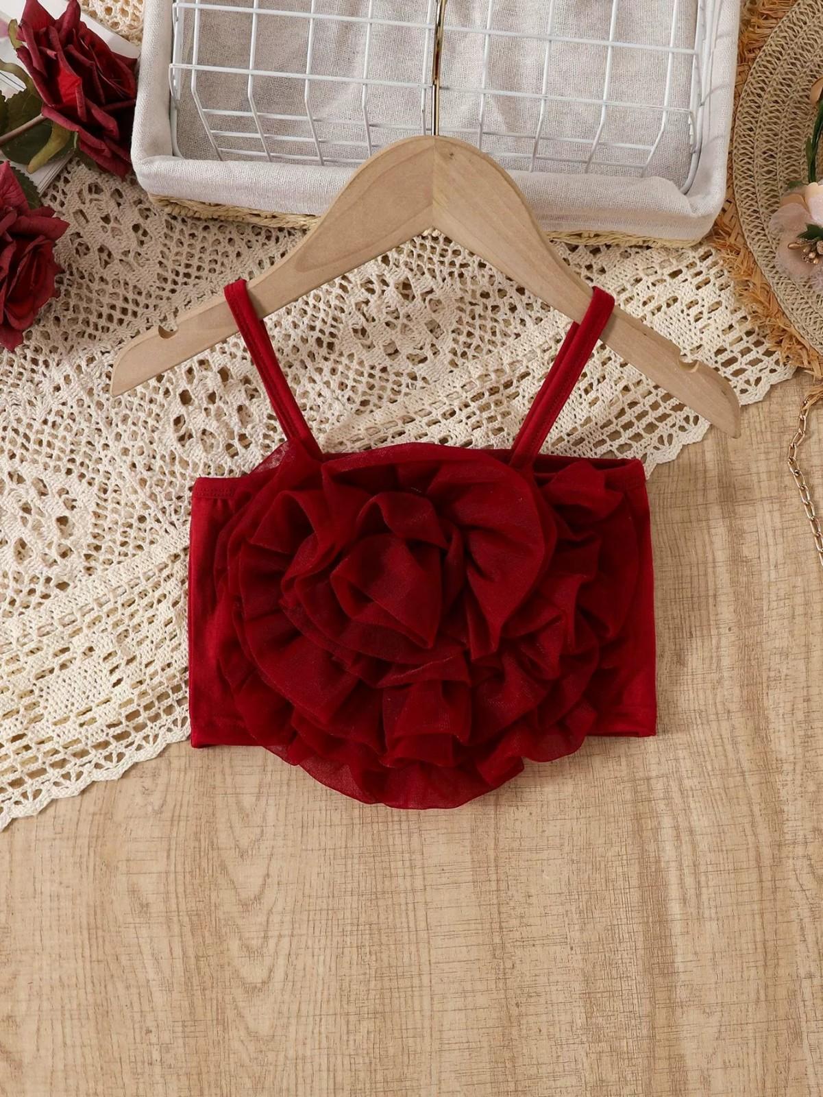 

Богемный тюлевый кроп-топ на бретелях с 3D-цветком для лета 110 винный