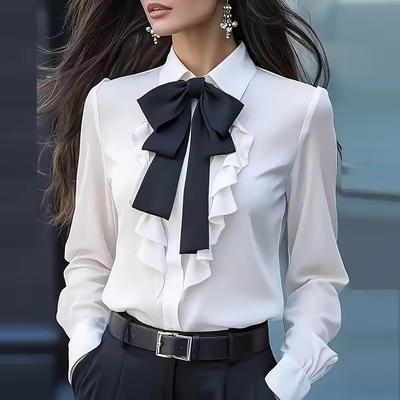 Elegant Bow Elegant Bow Shirt Women Fashion Long Sleeve Button Blouse Women Ruffle All Match Office Lady Tops Female Commuter Shirt White